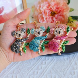 Cute Keychain Women Key Chains For Car Kawaii Rhinestone Crystal Bling Pink FOB Key Ring For Bag Backpack Charm Accessories (Koala Blue)