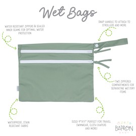 BapronBaby Minimalist Sage Wet Dry Bag - Waterproof Two Zipper Pockets - Reusable for Mealtime, Diapers, Stroller, Snacks, Swimsuits - Machine Washable - 11" x 9"