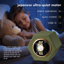 LINGFANSTORE Automatic Single Watch Winder with Quiet Japanese Motor,Premium Leather Exterior and Soft Flexible Watch Pillows for Men's and Women's Watches (Avocado green-147D)
