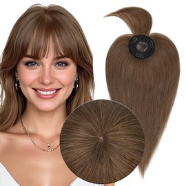 MY-LADY Human Hair Toppers for Women Real Human Hair with Bangs Thin 8.5 * 8.5CM Mono Base Clip in Remy Hairpieces Light Weight 12 Inch Medium Brown