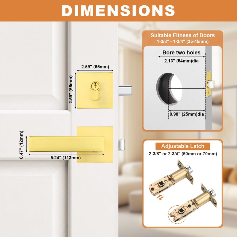 Probrico Keyed Alike Brushed Gold Exterior Door Locksets Square, Satin