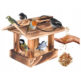 Ecodeco Weatherproof Bird House for Hanging Wood Charred | Bird Feeder for Hanging | Compact Feeder 23 x 22 x 18 cm | Bird House with Hanging Cord for Balcony or Garden