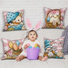 LITIVY 18x18 Set of 4 Easter Decorative Throw Pillow Covers - Buffalo Plaid Gnome Rabbit Bunny Eggs - Durable, Machine Washable - Perfect for Farmhouse Spring Home Decor