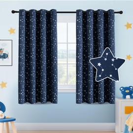 PrinceDeco Kids Blackout Curtains for Bedroom Room Darkening Thermal Insulated Silver Stars Curtains Glow in The Dark Grommet Boys Curtains for Nursery Drapes 84 Inch Length 2 Panels Set,Navy