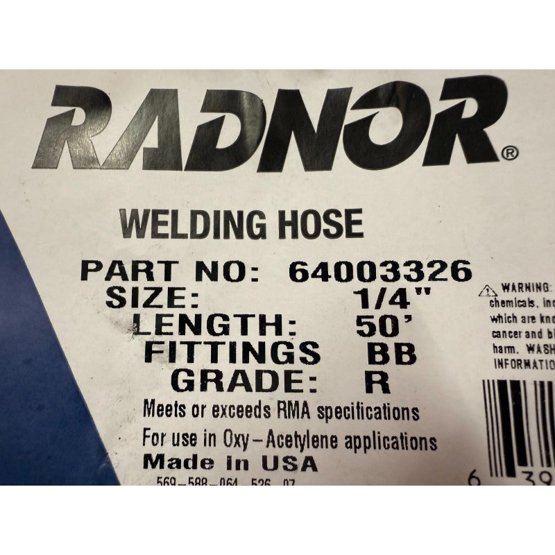 Radnor 1/4" x 50' EPDM Rubber Twin Welding Hoses W/BB