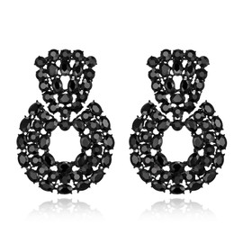 Flyonce Statement Drop Earrings, Black Rhinestone Crystal Geometric Earrings for Women, Wedding Party Round Hoop Dangle for Brides Bridal Black-Tone