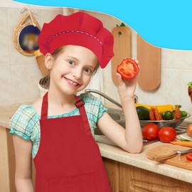 TOPWAYS Kids Apron and Chef Hat Set, Adjustable Children Chef Apron Outfit Costume, Kitchen Apron for Baking Cooking Painting, Artist Apron with Two Pockets (red, M (3 to 6 years)