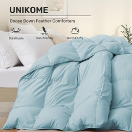 UNIKOME Goose Feather Down Comforter - All Season Duvet Insert with Soft Downproof Cover, Cloud-Like Fluffiness Down Feather Comforters (Full/Queen, Blue, 88"X90")