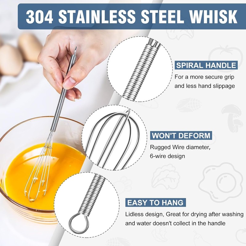 Walfos Mini Whisk,304 Stainless Steel Small Whisk, 5+7+10in Wisking Tool