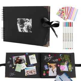 Scrapbook, 80 Pages Large Photo Album Scrapbook Kit with 6 Metallic Marker Pens and 6 Sheets Stickers, Black Memory Book for Anniversary Wedding Travelling 29 x 21.5cm（11.4 x 8.5in）