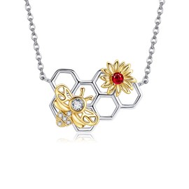 HUKKUN Bee Necklace Sterling Silver Honeycomb Cute Flower Pendant Necklaces Jewelry Gift for Women, Small, Sterling Silver, Cubic Zirconia