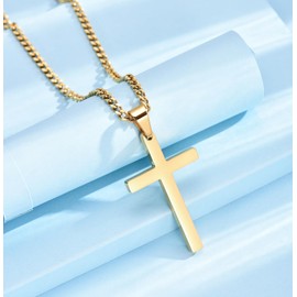 USEEDOVIA Cross Necklace for Men, 316L Stainless Steel Mens Necklace with Cross Pendant, Gold Link Chain (55+5cm) Christmas Religious Birthday Gifts for Him Boys