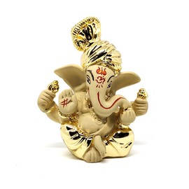 Sawcart Pagdi Ganesh/Ganpati/Ganesha Gold Plated Terracotta Puja Idol Figurine Sculpture Hindu God of Success, Prosperity, Good Luck for Car Dashboard, Temple & Home Décor (Off White)