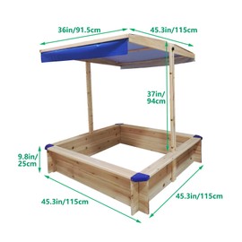 Wooden Sandbox with Canopy Cover, Retractable Design Outdoor Sand Play Set Garden and Beach Sandbox - Natural