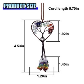 Chakra Colored Stones Car Rear View Mirror Charm, Handmade Auto Mirror Hanging Accessories, Crystal Tree of Life Car Ornament, Lucky Auto Interior Decoration Pendant for Women Men (Heart Shape)