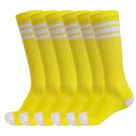3 Pairs of juDanzy Knee High Boys or Girls Stripe Tube Socks for Soccer, Basketball, Uniform and Everyday Wear, Yellow With White Stripes (3 Pairs), 6-10 Years
