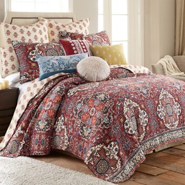 Levtex Home - Khotan Red Quilt Set - Twin Quilt and One Standard Sham - Bordered Medallion - Burgundy Red Cream Blue Green - Quilt (68x92in.) and Sham (20x26in.) - Reversible - Cotton/Cotton