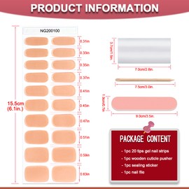 WOKOTO 20 Pcs Chrome Peach Pink Semi Cured Gel Nail Strips with Nail File & Wooden Stick Holographic Nail Gel Strips UV Light Gel Nail Stickers Full Nail Wraps Stick On Nails Color Strips for Women