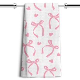 LUKIPOM Coquette Pink Bow Ribbon Cherry Kitchen Towels, Pink Preppy Girly Dish Tea Towels for Kitchen Decor, Preppy Coquette Aesthetic Bow Hand Towels for Bathroom Decor, 16x24 Inches