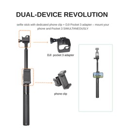 Dual Mount Selfie Stick Tripod for DJI Pocket 3 & Smartphone w/Fixed Phone Clip & Adapter