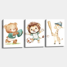 Nursery Canvas Wall Art 3 Piece Bear Lion Giraffe Picture Sports Cub Painting Prints for Kids Room Living Room Bedroom Wall Decor Framed(Art-3,11.00"x14.00"x3P)