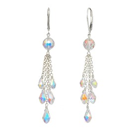 Aurora Borealis Cascade Beads and Sterling Silver Cable Chain Drop Lever-back Earrings