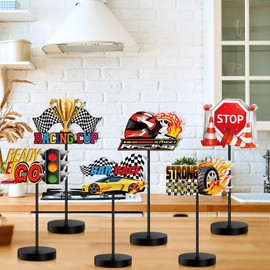 Moucuny 6 Pcs Race Car Party Decorations Racing Party Table Centerpieces Race Car Table Sign, Flag, Helmet, Track, Light, Tires, Trophy, Sport Car, for Home Office Desk Tray Decor Birthday Supplies