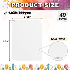 PATIKIL 40 Sheets Cotton Watercolor Paper 140lb/300 GSM Cold Press Water Coloring Paint Paper for Art Painting Watercolor Drawing Artist, 10.63x7.68 Inch