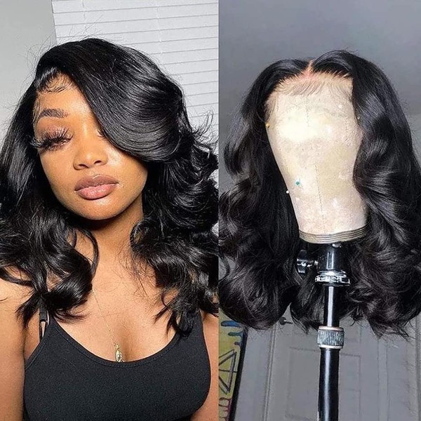 Maycaur Short Black Lace Front Wigs Pre Plucked Hairline Natural Wave Bob Wavy Hair Glueless Synthetic Lace Frontal Wigs for Fashion Women