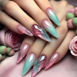 Ukiyah 24 Pcs Medium Cat Eye Green & Pink Press On Nails with Geometric Diamond Design, Includes Glue, Adhesive Tabs, Almond Press On Nails, 1 Manicure Stick, 1 Mini File, Press Ons