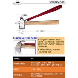 CAMPINGMOON Stainless Steel Tent Stake Hammer Camping Peg Hammer C5(with Built-in Pure Copper), C6 (Stainless Steel Head Hammer (C6))
