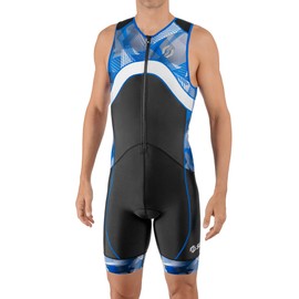 SLS3 Pro Triathlon Suit Men - Premium FX Trisuit - Sleeveless Mens Triathlon Suit - Padded, Back Pocket (Black/Blue Geo, Small)
