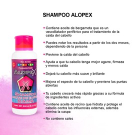 Shampoo Anti Caída de Cabello Sin Sales y Parabenos Alopex con Bergamota, Aceite de Ricino y Macadamia Tratamiento Capilar Refuerza la Raíz y Estimula el Crecimiento. 240 ml.