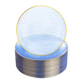 DaYammi 100 Pcs Clear Blue Gold Plastic Plates, Clear Hammered Plastic Plates, Blue Party Platos, Disposable Salad/Dessert Platos, 7-Inch Disposable Dessert/Appetizer Platos Perfect For Party