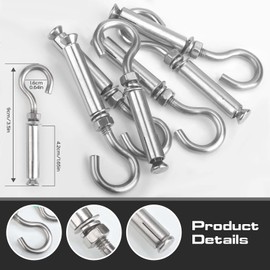 AccEncyc M6 Concrete Wall Hook 304 Stainless Steel Expansion Hook Standard Open Cup Hook 6 Pack Expansion Bolts Heavy Duty Concrete Hook for Indoor, Outdoor (Small Open Hook)