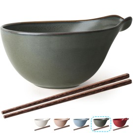 Artena Ramen Bowl with Chopsticks, 42oz Ceramic Noodle Bowl, Large Soup Bowl, Pasta Bowl Set, Big Salad Bowl, Deep Pho Bowl for Dumplings, Cereal, Rice, Dishwasher Microwave Safe, Gourd Design, Olive