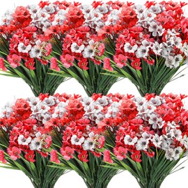 Lyrow 100 Bundles Violet Artificial Flowers, UV Resistant Faux Flowers Outdoor, Faux Silk Flowers, Fake Violet Flowers Bulk for Front Porch Hanging Garden Courtyard Farmhouse Home(Red, White)