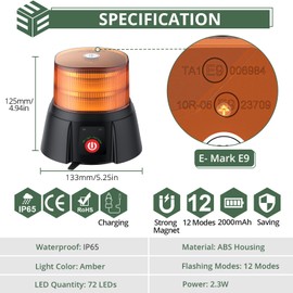 EYPINS Amber Rooftop Strobe Beacon Light - 72 LEDs 12 Flashing Modes Emergency Light, Magne-tic Rechargeable Waterproof Warning Light for Cars, Trucks, Trailers, Vans, and Construction Vehicles