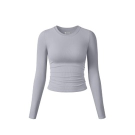 OQQ Womens Shirts Long Sleeve Crew Neck Ruched Stretch Basic Fitted Tee Shirts Tops Grey