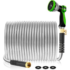 Metal Garden Hose 200Ft Stainless Steel Water Hose Heavy Duty with 10 Way Nozzle-Flexible Lightweight Durable No Kink & Tangle，Strong 3/4’’ Solid Metal Fitting Shut-Off Valve for Outdoor Yard