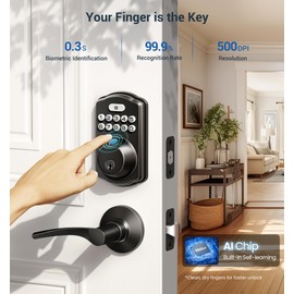 Veise Fingerprint Door Lock with 2 Lever Handles - Keyless Entry Door Lock, Electronic Keypad Deadbolt, Digital Smart Code & Front Handle Sets, Auto-Locking, Easy Installation, Matte Black