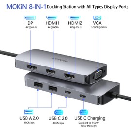 Laptop Docking Station Dual Monitor, USB C Hub 3 Monitor mit 2 HDMI, DisplayPort, VGA, PD Charging, USB A&C 2.0 Ports, MOKiN Multi Monitors Adapter für Dell/HP/Lenovo