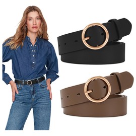 JASGOOD 2 Pack Women Leather Belt for Jeans Dress PU Leather Ladies Belt with Gold O Ring Buckle (C-Black+Coffee, Suit for waist size 29"-34")