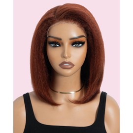 Style Icon Short Kinky Straight Bob Human Hair Wig 4C Kinky Curly Edges Hairline Wear and Go Glueless Bob Wig for Women 12 Inch Reddish Brown Pre Plucked Pre Cut Deep C Lace Part