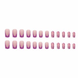 MERVF Square Press on Nails Medium Fake Nails Purple French Tip Glue ons Marble Design Squoval Glitter Acrylic Fake Nails 24pcs Matte