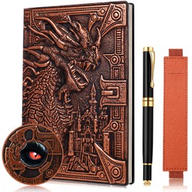 FEIDIAO Vintage DND Journal 3D Embossed Leather Notebook with Ballpoint Pen and Pen Sleeve.Handmade A5 Travel Journal,Hardcover Liner,Dragon Notebook Gift for Men&Women(Red Copper)