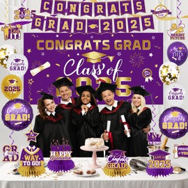 2025 Graduation Decorations-Class of 2025 Decorations Set with Congrats Grad Backdrop,Banner,Honeycomb Centerpiece and Balloons for Pruple Graduation Party Supplies