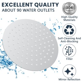 Rain Shower Square 12 Inches, 304 Stainless Steel Shower Head, Rain Shower, Water-Saving Rain Shower Head with 90 Anti-Limescale Nozzles, 360° Adjustable Rain Shower Head (Round)