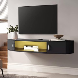 FITUEYES Floating TV Stand Wall Mounted Shelf with Colorful LED Lights, Wood Media Console Entertainment Center Under TV, Cabinet Hutch Desk Storage for Home and Office,Black