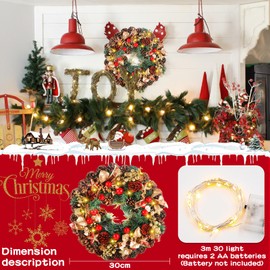 ZQEJEFD Door Wreath Christmas - Advent Wreath with Pine Cones and Christmas Tree Baubles - Decorative Wreath Diameter Approx. 30 cm - Christmas Decoration - Table Wreath - Christmas Wreath (Gold + Red
